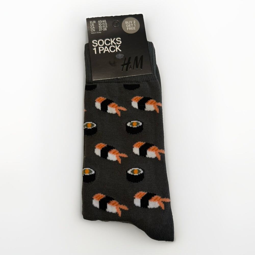H&M Men’s Sushi Print Socks Gray Size 9-11.5 US EUR 43-45 Cotton Blend NWT